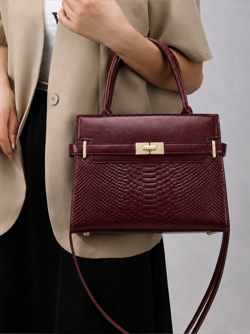 Structured Burgundy Faux Leather Top-Handle Satchel Bag